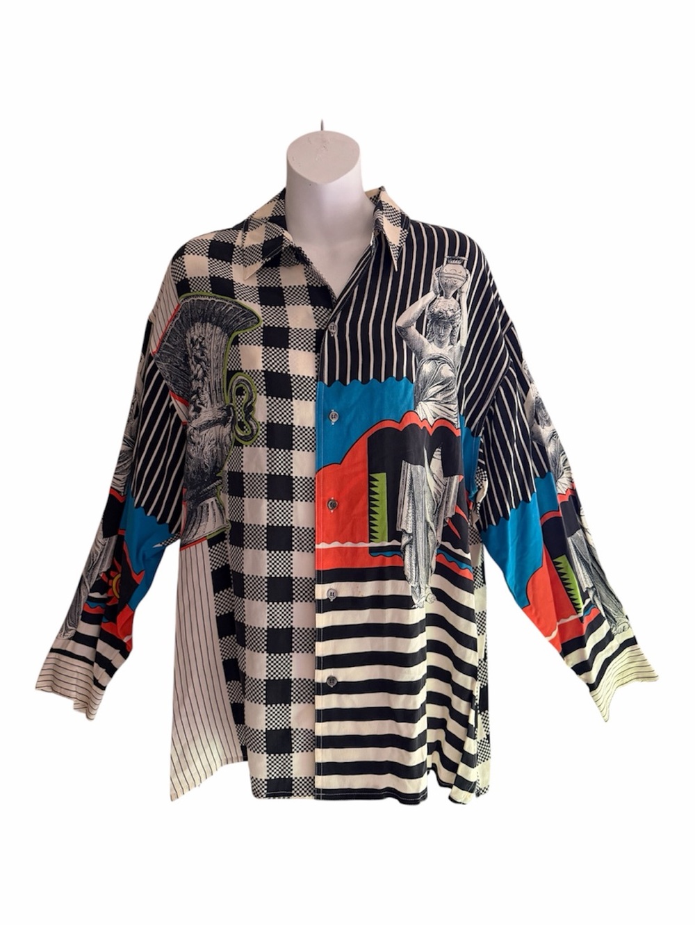 Timney Fowler Go Silk Vintage 90s Graphic Avant Garde Silk Blouse M Maximalist